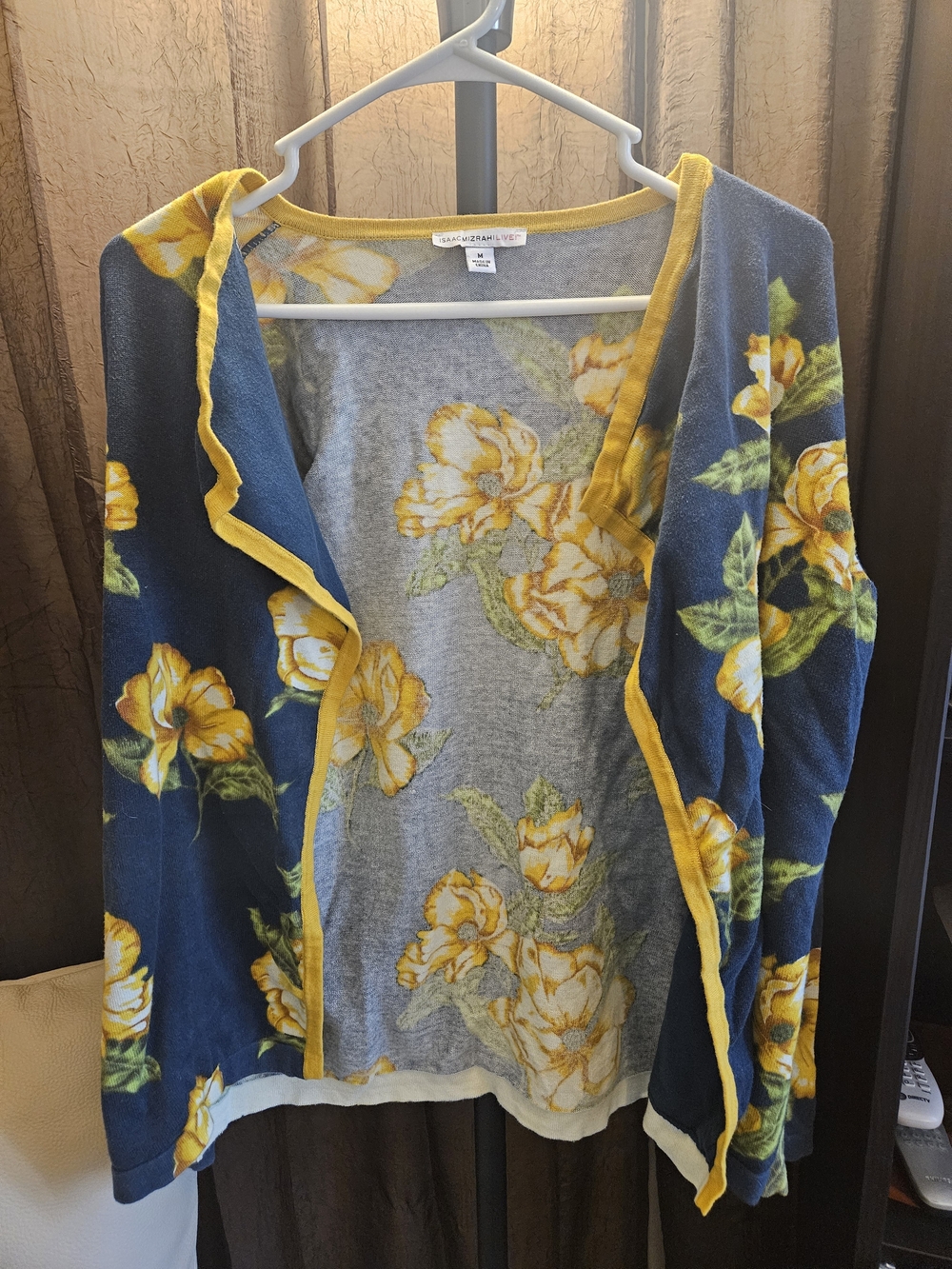 Isaac Mizrahi Blue Cardigan with Yellow Floral Print